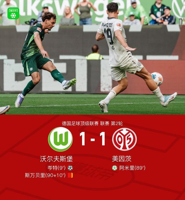 沃尔夫斯堡1-1美因茨,岑特破门,阿米里救主